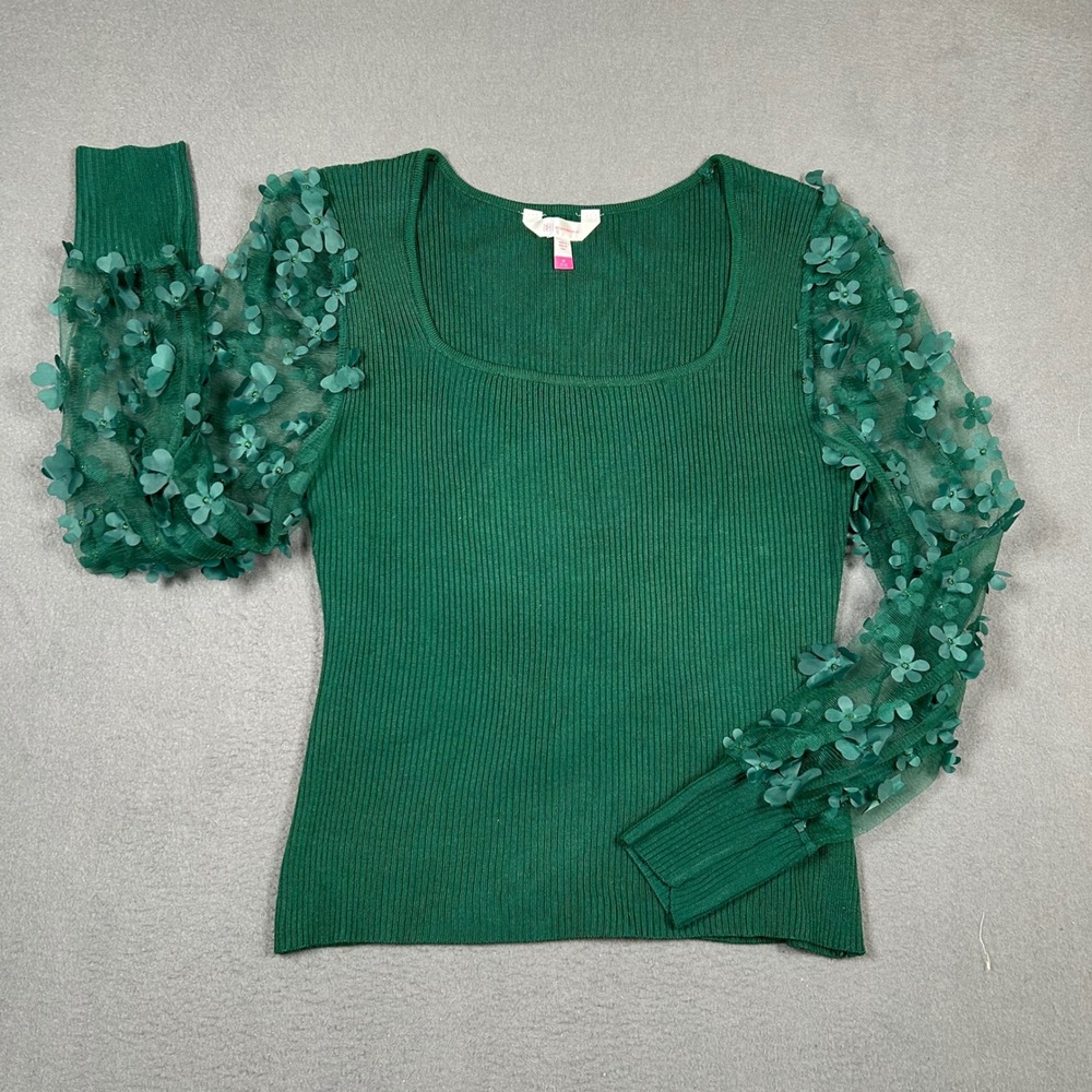 No Boundaries Top Womens M Green 3D Floral Mesh Long Sleeve Ribbed Square Neck